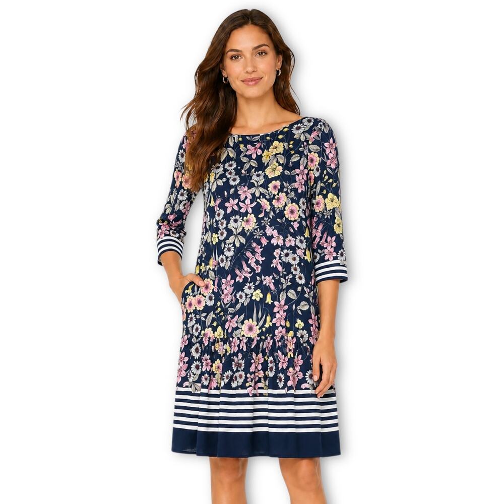 Eliza J Floral Striped Drop Waist Dress Size 6 Navy Blue Pink Printed 3/4 Sleeve